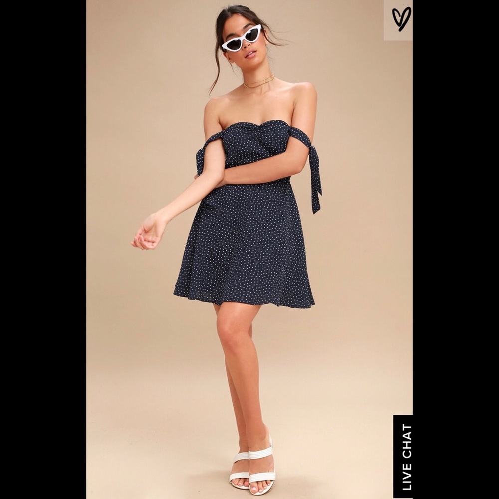 NAVY BLUE PRINT OFF-THE-SHOULDER SKATER DRESS